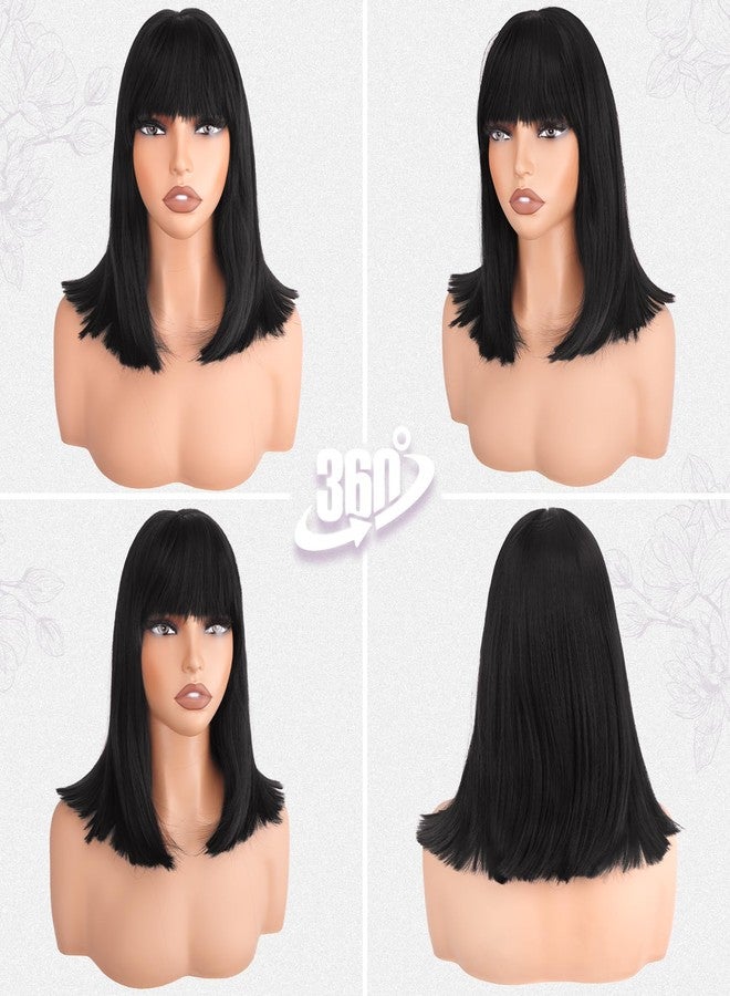 BARSDAR Short Black Bob Wig With Bangs - Black Bob Wig With Bangs for Women - 14 Inch Natural Looking Thick Soft Synthetic Hair Replacement Wigs Daily Party Halloween Retro Costume Wigs - Image 4